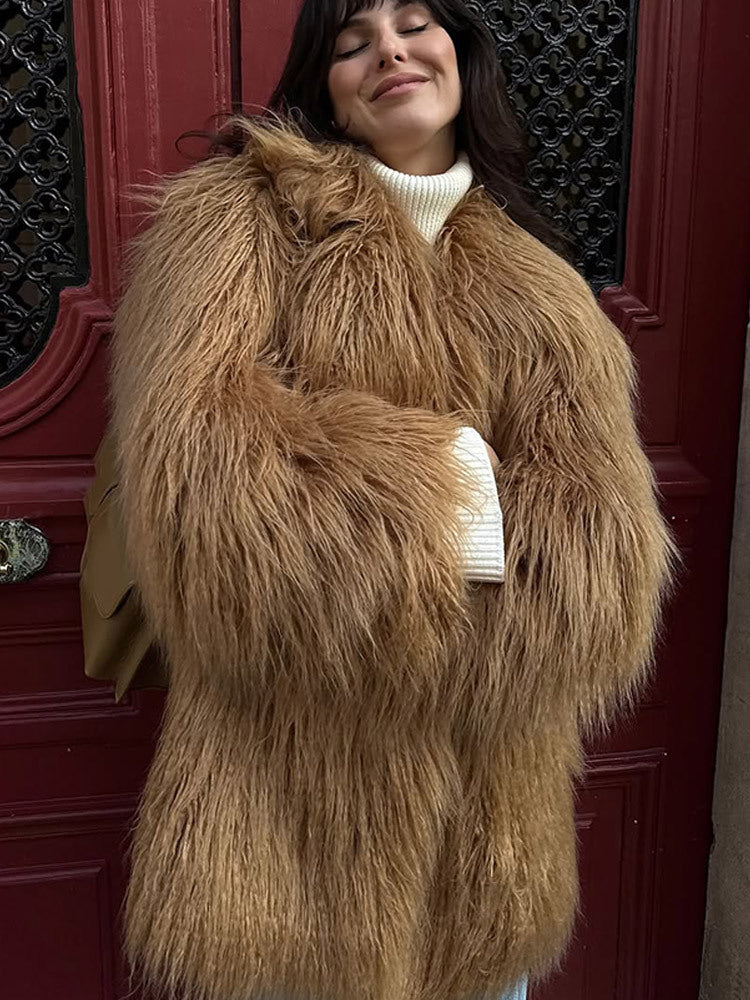 Women's Oversized Shaggy Faux Fur Coat with Long Pile Texture and Concealed Button Placket Mune Fashion