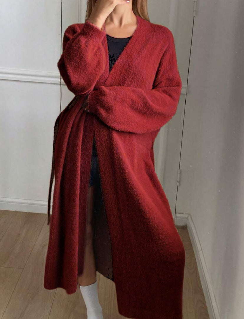 Women's Long Wrap Cardigan in Fuzzy Look with Tie Belt Mune Fashion