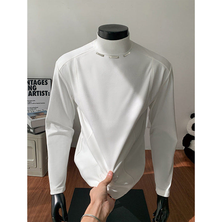 Men's Slim-Fit Long Sleeve Shirt with High Stand Collar and Decorative Metal Stripes Mune Fashion