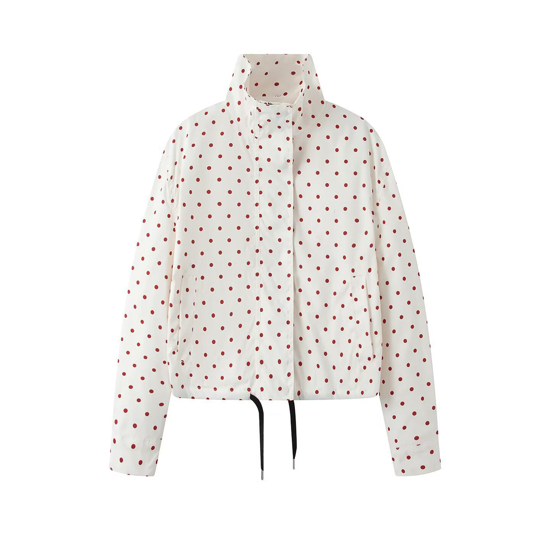 Women's Short Dotted Rain Jacket with Stand-Up Collar and Drawstring Mune Fashion