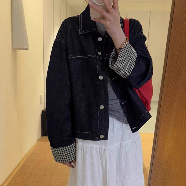 Women Oversized Denim Jacket with Contrasting Check Lining and Cuff Roll Mune Fashion