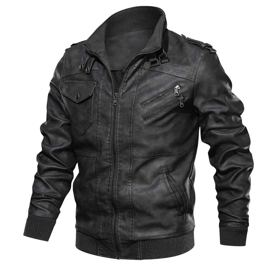 Men's biker pilot jacket made of faux leather with high collar, shoulder flaps, and ribbed cuffs Mune Fashion