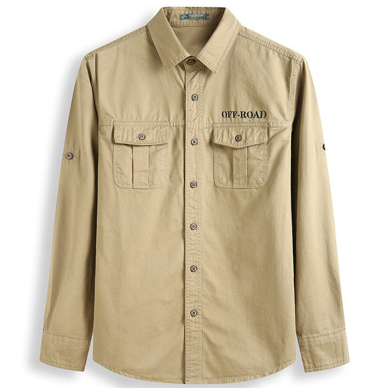 Men's classic safari field shirt with ventilation eyelets, sleeve elevator, and double flap chest pockets.