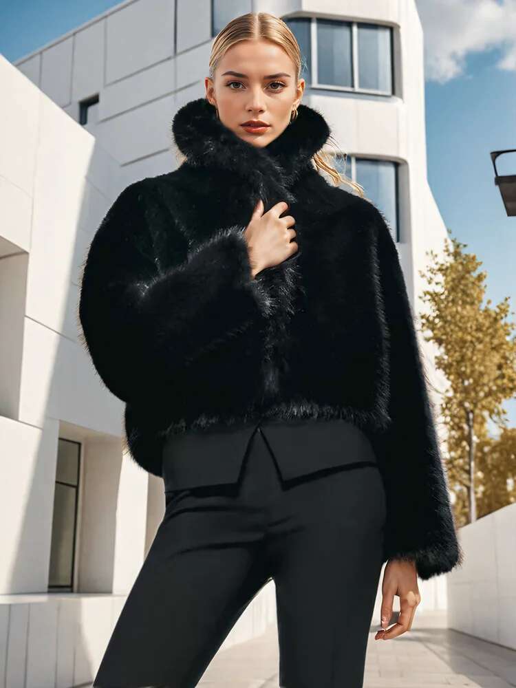 Women's Short Hooded Faux Fur Jacket with Dense Pile, Boxy Silhouette and Elastic Hem Mune Fashion