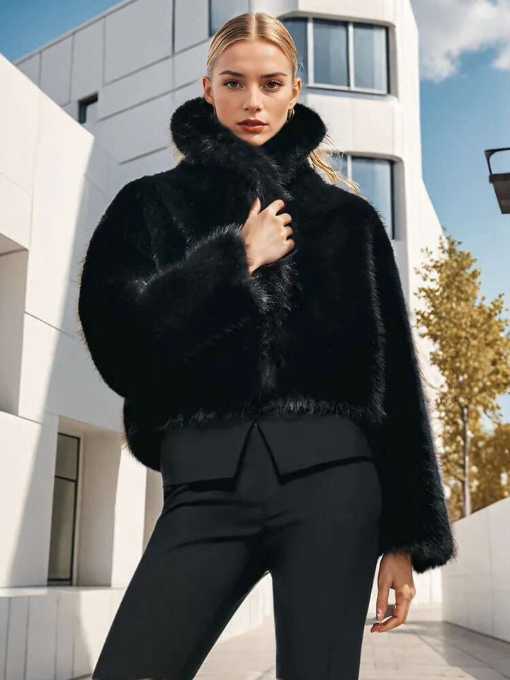 Women's Short Hooded Faux Fur Jacket with Dense Pile, Boxy Silhouette and Elastic Hem Mune Fashion
