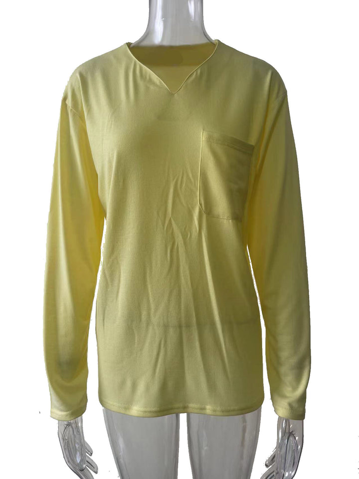 Women nan legeres Long-sleeve shirt with V-notch neckline, chest pocket, and relaxed oversized fit Mune Fashion
