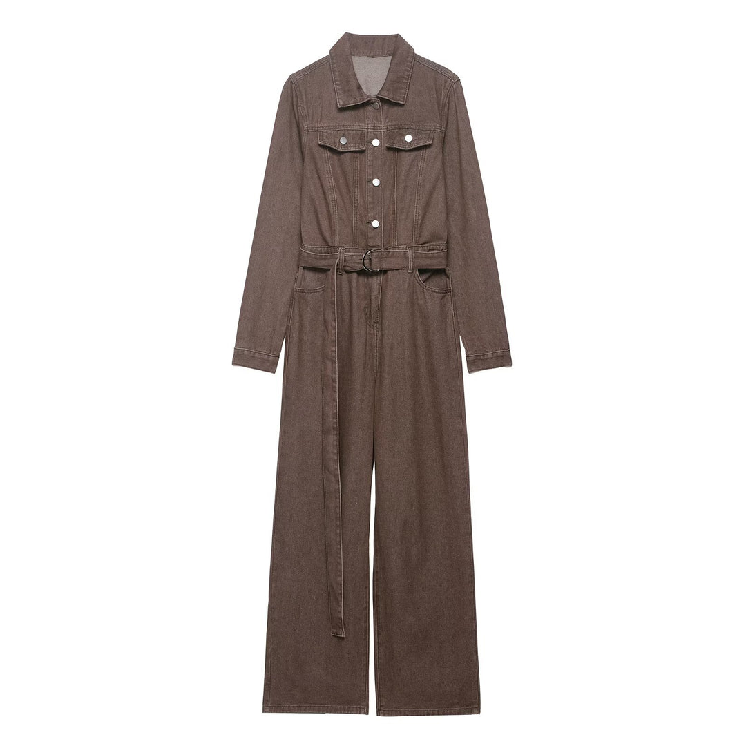 Women's Soft Denim Overall with Shirt Collar, Tailoring Belt and Wide Leg Mune Fashion
