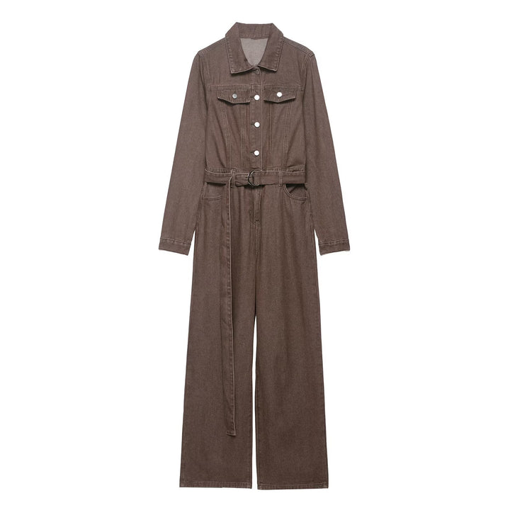 Women's Soft Denim Overall with Shirt Collar, Tailoring Belt and Wide Leg Mune Fashion