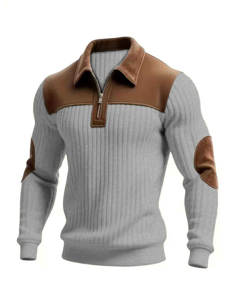 Men's ribbed half-zip pullover with contrasting leather appliqués on shoulders and elbows Mune Fashion
