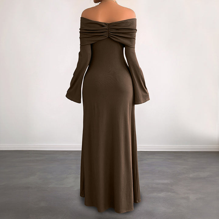 Ladies Off-Shoulder Maxi Dress with Gathered Bust Area and Narrow A-Line Skirt