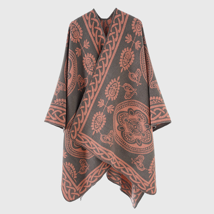 Women's Oversized Cape with Ornamental Jacquard and Asymmetrical Pointed Hem Mune Fashion