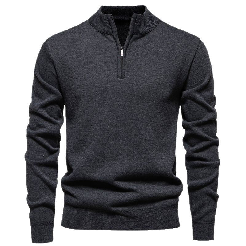 Men's Slim-Fit Fine Knit Sweater with Short Zipper, Stand Collar and Ribbed Hem Mune Fashion