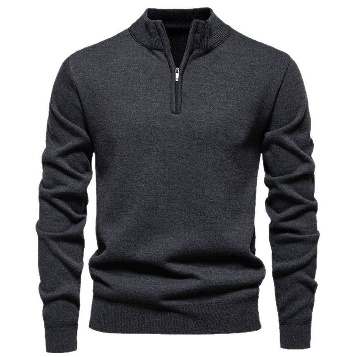 Men's Slim-Fit Fine Knit Sweater with Short Zipper, Stand Collar and Ribbed Hem Mune Fashion