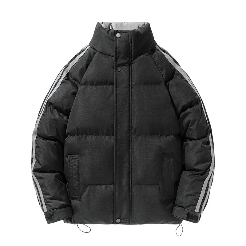 Men's sporty quilted winter jacket with high stand-up collar, sleeve stripes, and adjustable hem Mune Fashion