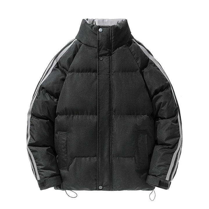 Men's sporty quilted winter jacket with high stand-up collar, sleeve stripes, and adjustable hem Mune Fashion