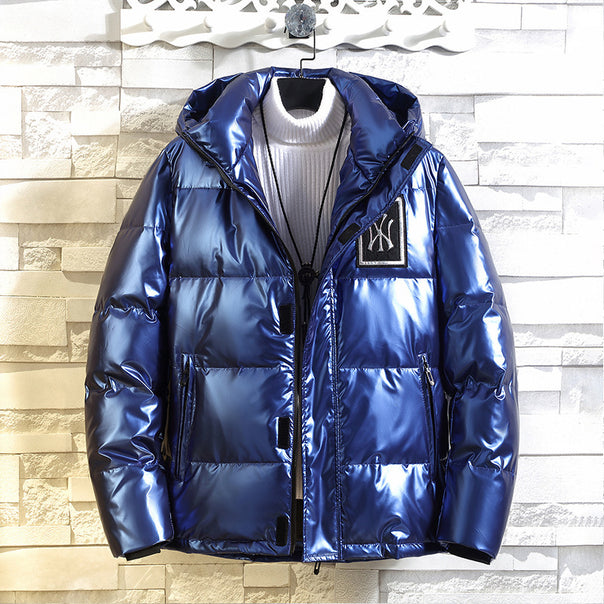 Men's shiny metallic padded jacket with hood, windproof surface and sporty utility design Mune Fashion