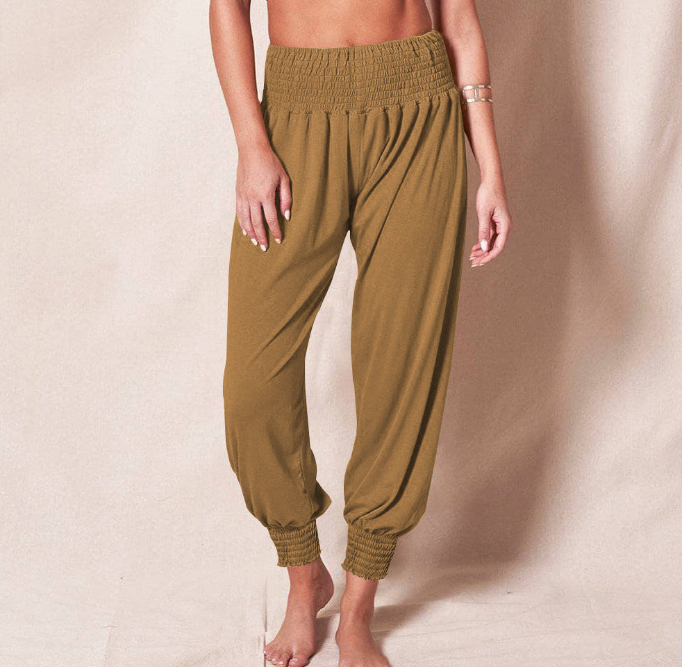 Women's Loose Harem Pants with High Smocked Waistband and Crumpled Ankle Cuffs Mune Fashion