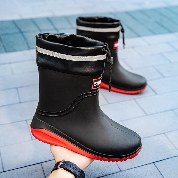 Women Short Shaft Rain Boots with Adjustable Drawstring and Reflective Hem Mune Fashion