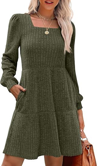 Women's Knitted A-Line Mini Dress with Square Neckline, Tiered Skirt and Pockets Drune