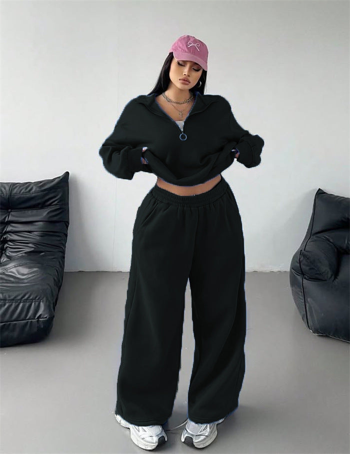 Women Velvet Cropped Zip Hoodie and Loose-Fitting High-Waist Palazzo Jogging Pants Mune Fashion