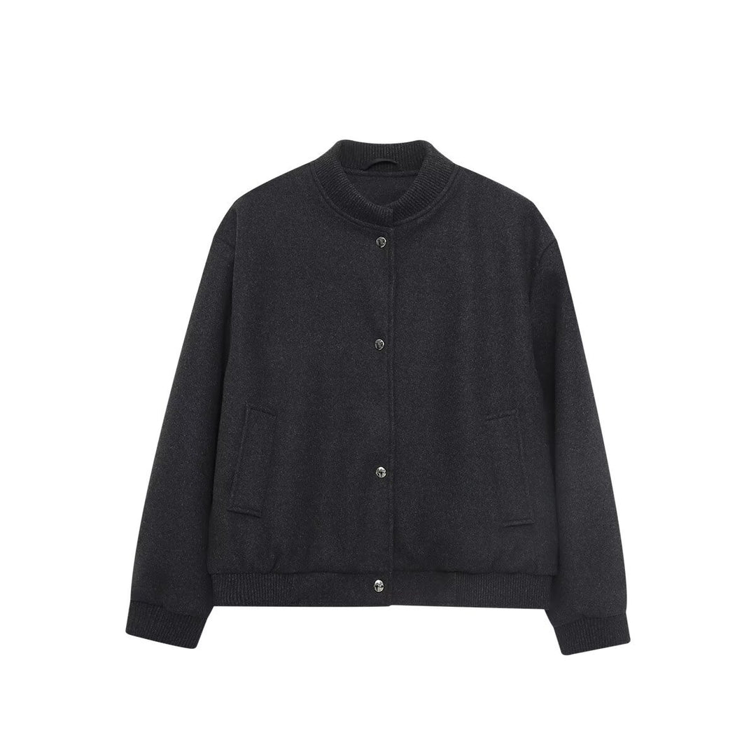 Women's Boxy Wool Blend Bomber Jacket with Ribbed Collar, Snap Buttons, and Side Pockets Drune