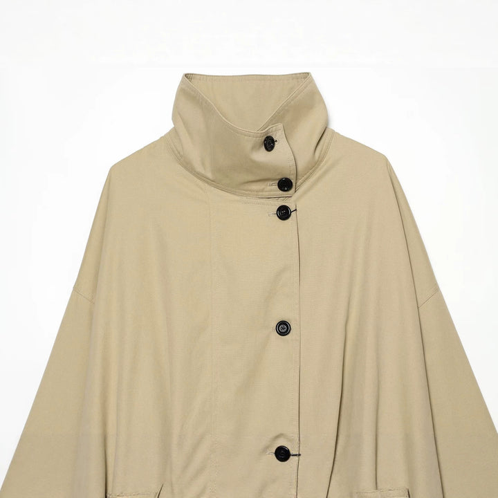 Women's Wide Cropped Cape Jacket with High Stand-Up Collar and Button Placket Drune
