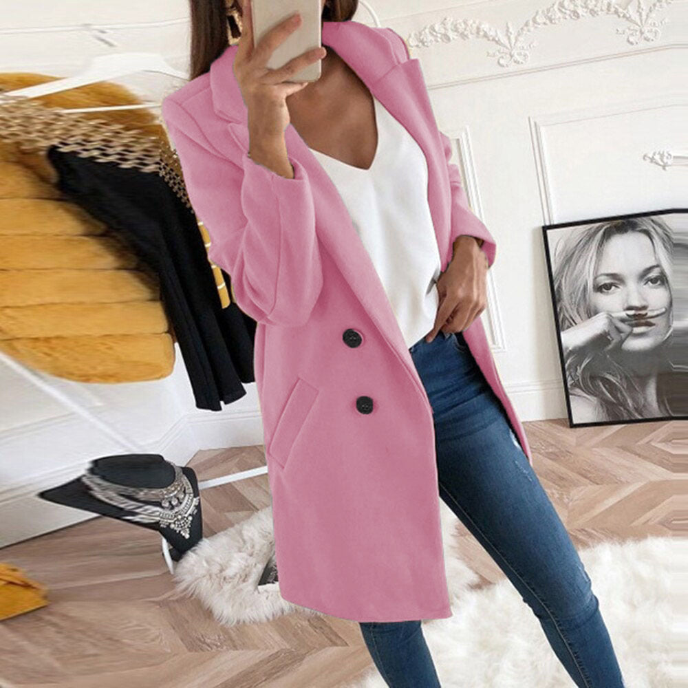 Women's Longline Wool-Look Coat-Blazer with Notched Collar Drune