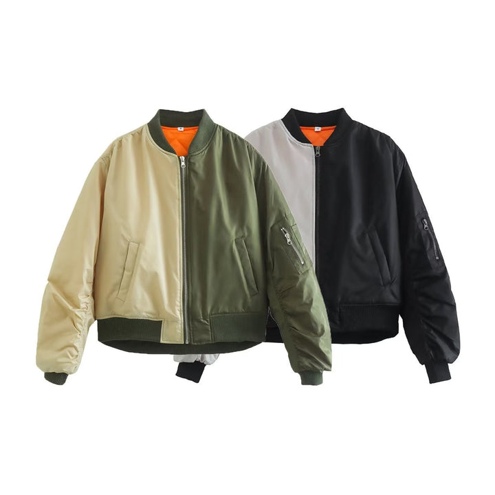 Women's two-tone bomber jacket with reversible look, zipper, arm pocket, and ribbed hem Mune Fashion