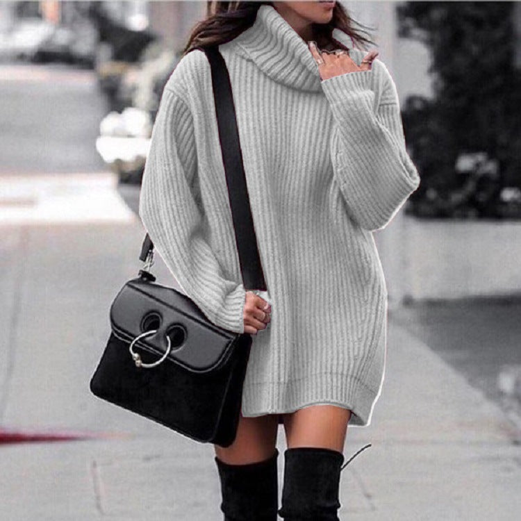 Women Oversized Long Sweater with Roll Neck, Ribbed Fine Knit and Figure-Flattering Tunic Length Mune Fashion