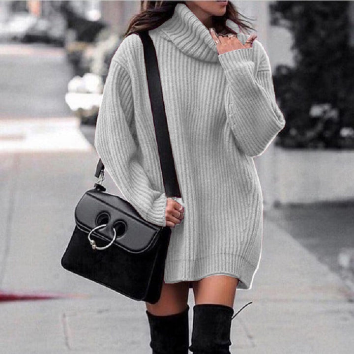Women Oversized Long Sweater with Roll Neck, Ribbed Fine Knit and Figure-Flattering Tunic Length Mune Fashion