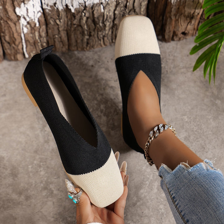 Women Two-tone Knit Ballerinas with Square Toe and Elastic Shaft Mune Fashion