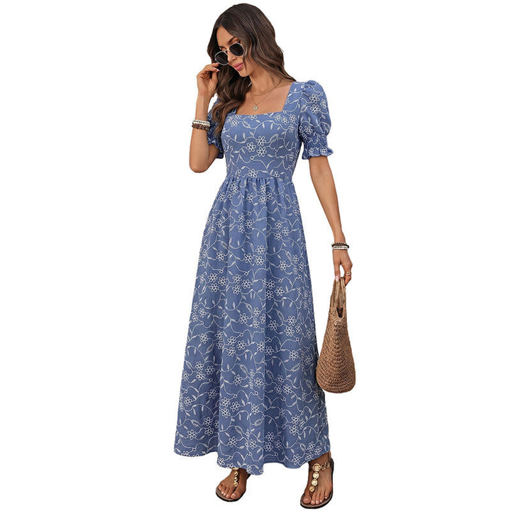 Women's Long Light Summer Maxi Dress with Square Neckline, Puff Sleeves and Floral Embroidery Look Mune Fashion
