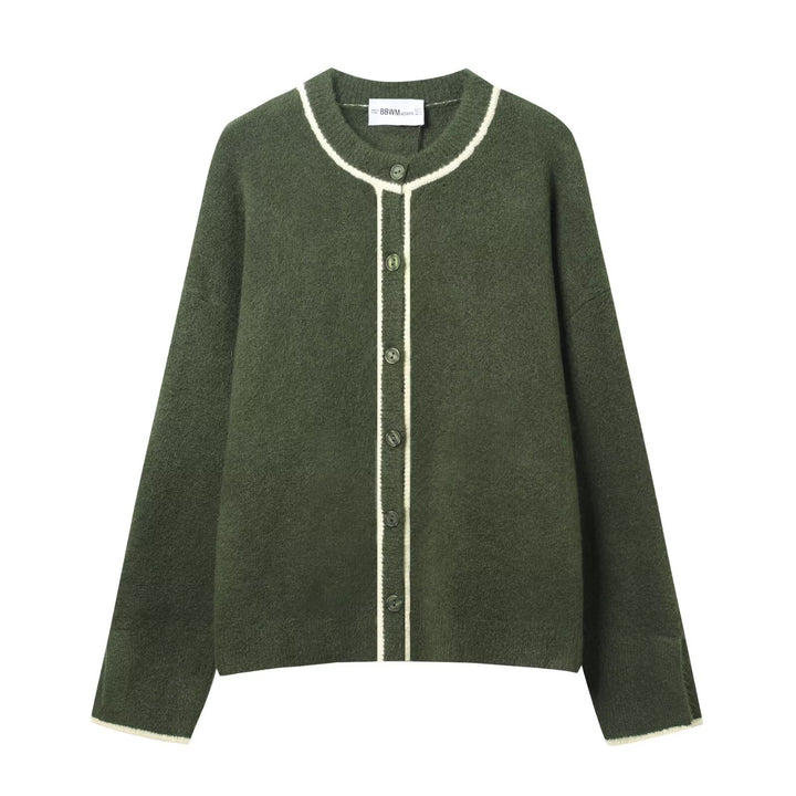 Ladies Short Boxy Cardigan with Round Neck and Contrast Piping Mune Fashion