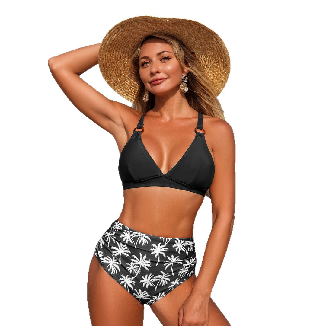 Women's High-Waisted Bikini Set with Adjustable Straps and Fashionable Palm Pattern Mune Fashion
