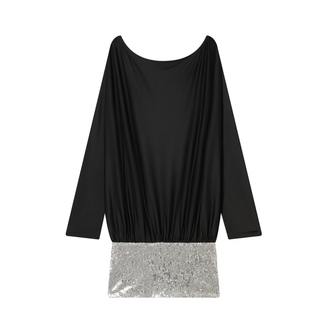 Women Draped Evening Dress with Wide U-Neck, Batwing Sleeves and Sequin Mini Mune Fashion