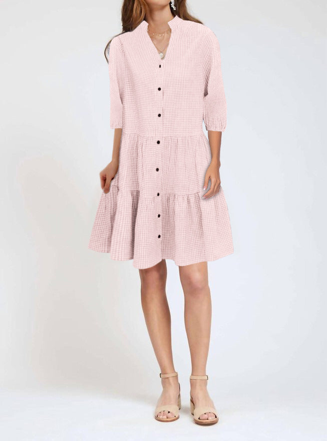Women's Loose Tiered Shirt Dress with Standing Collar and Full Button Placket Mune Fashion