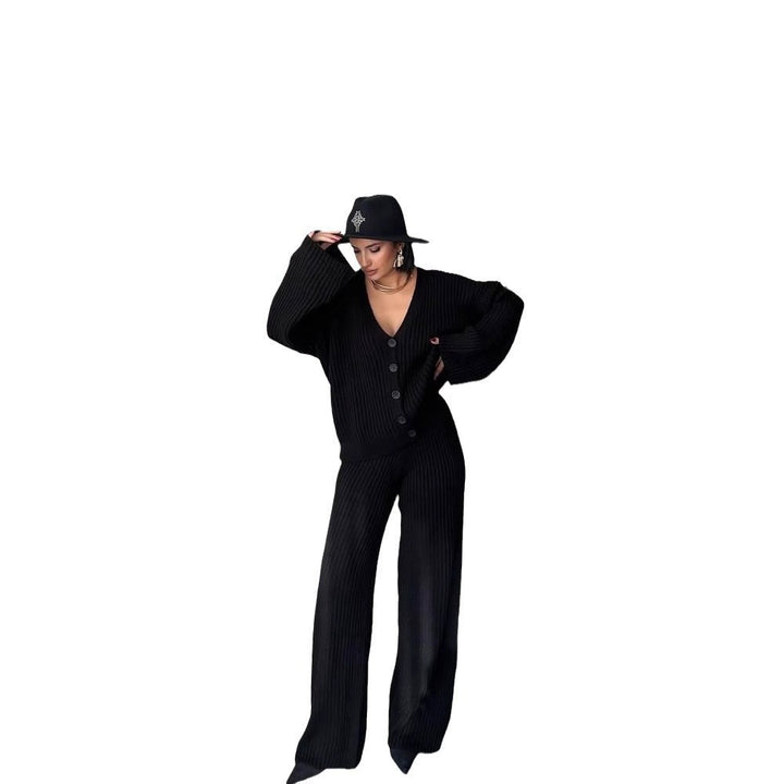 Women's ribbed cardigan with extra-long sleeves and matching high-waisted lounge pants Mune Fashion