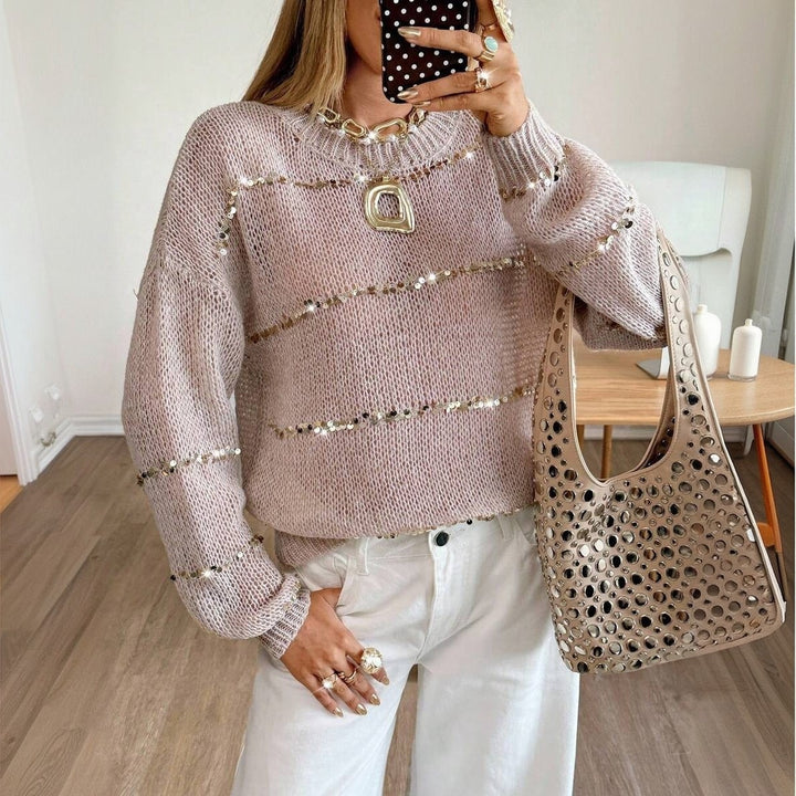 Ladies chunky knit sweater with sequin stripe, oversized fit & round neck Mune Fashion