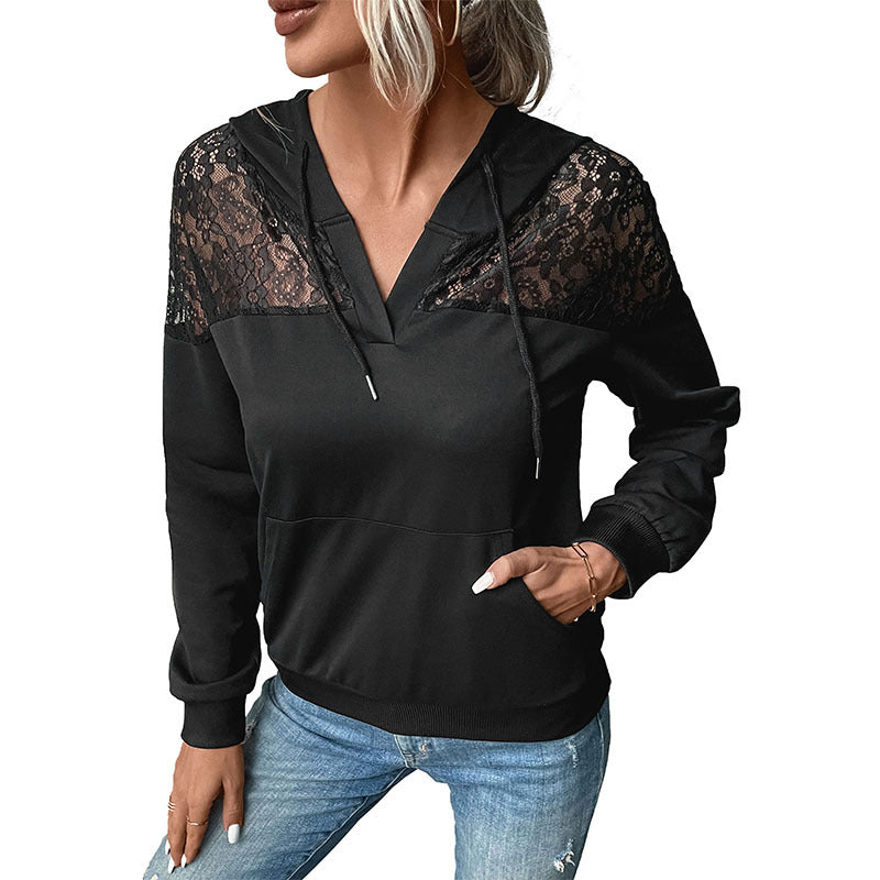 Women's hoodie with V-neck, lace shoulder trim and kangaroo pocket Mune Fashion