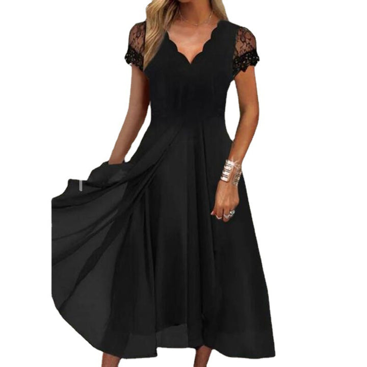 Ladies flowing midi dress with curved V-neck, fitted A-line silhouette, and delicate lace sleeves Mune Fashion