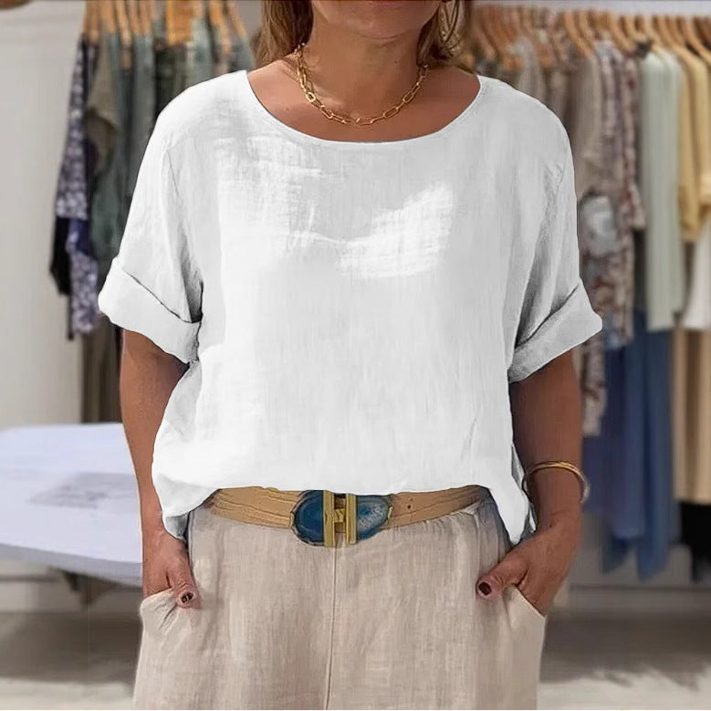 Women Lightweight Linen Blouse with Turned-up Sleeves Mune Fashion