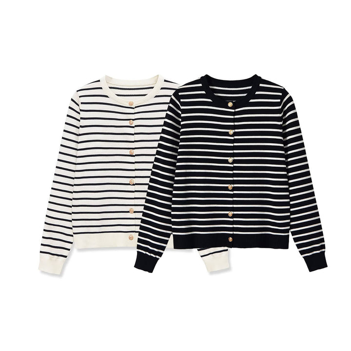Ladies Striped Fine Knit Cardigan with Round Neck and Decorative Buttons Mune Fashion