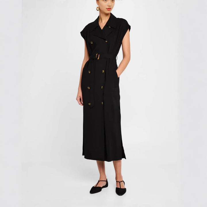 Women's Sleeveless Double-breasted Midi Dress with Trench Belt Mune Fashion
