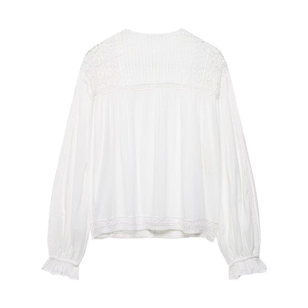 Women's lace blouse with pleat and lace trim, button placket and balloon sleeves Mune Fashion