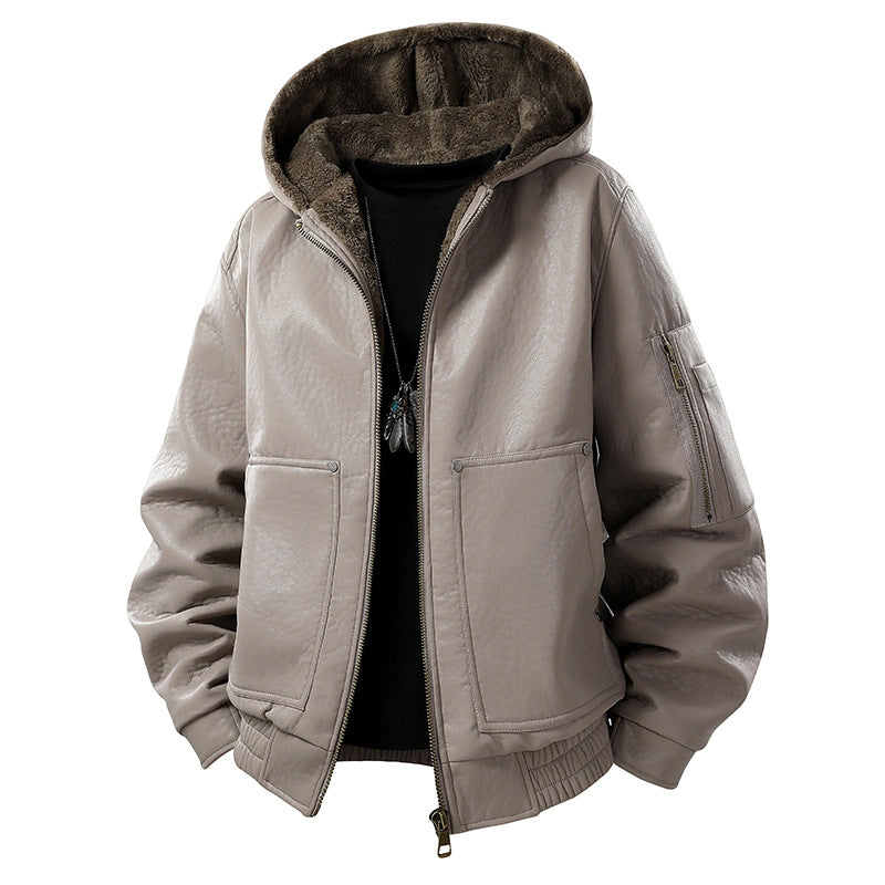 Herren gefütterte Lederoptik-Bomberjacke mit Kapuze und Teddyinnenfutter Mune Fashion