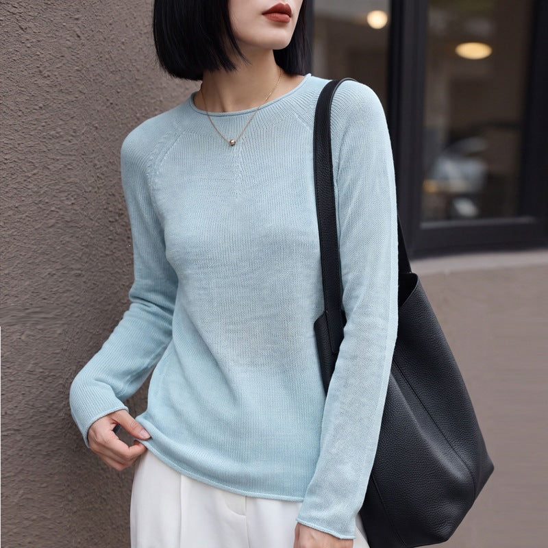 Women Light Round Neck Sweater in Cashmere Look with Raglan Sleeves Mune Fashion