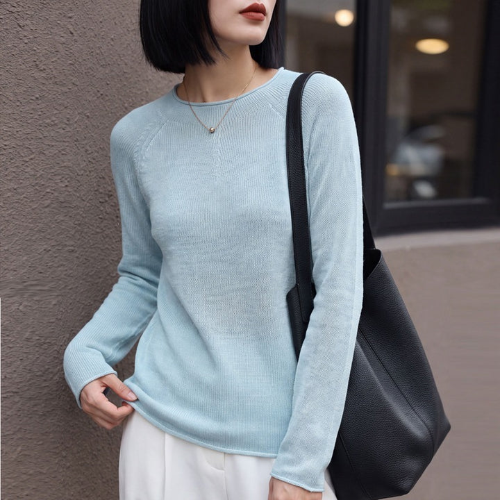 Women Light Round Neck Sweater in Cashmere Look with Raglan Sleeves Mune Fashion
