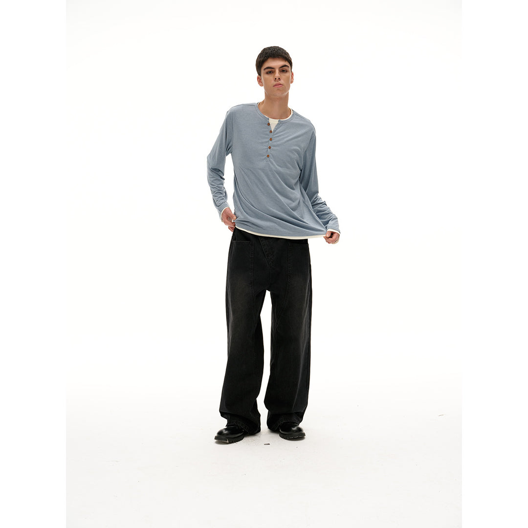 Unisex cotton blend henley shirt with double-layer collar and wooden button placket Mune Fashion