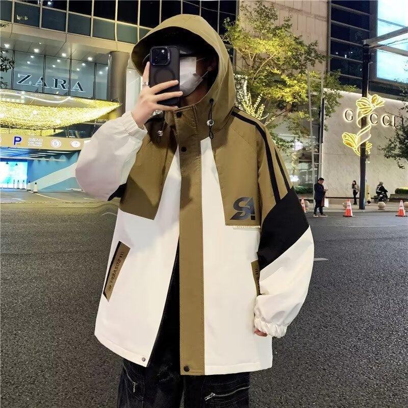 Men's Colourblock Utility Outdoor Jacket with Hood, Contrast Stripes and Concealed Zipper Mune Fashion