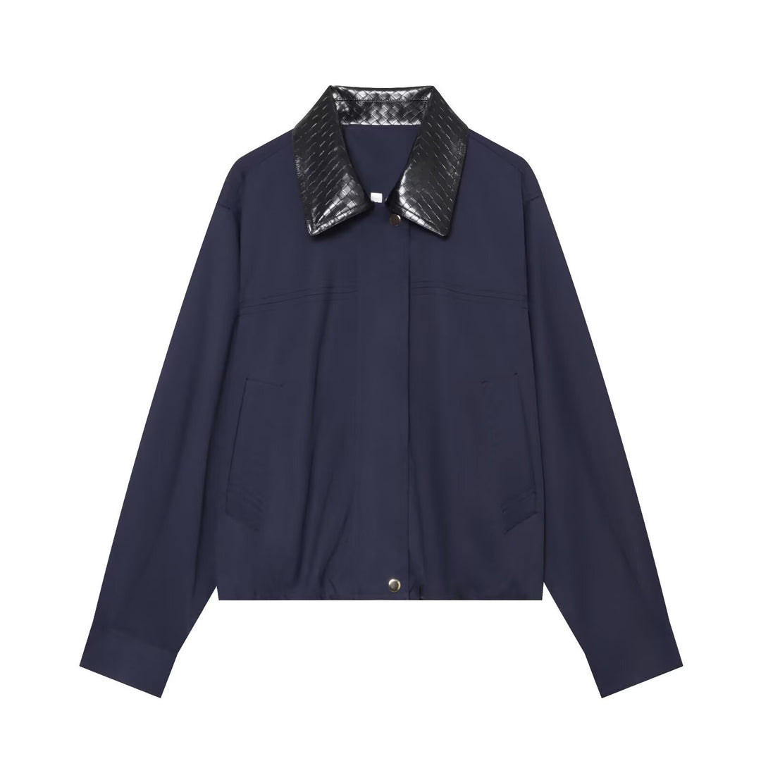 Women's Light Oversized Blouson Jacket with Contrasting Embossed Faux Leather Collar Mune Fashion